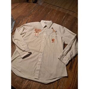 Vintage Get Lucky Safari Animal Embroidered Blouse Large Tan White Shoulder Pads